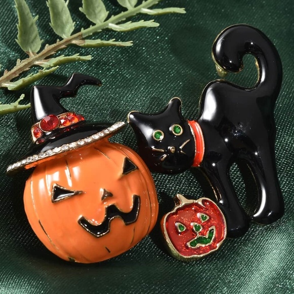 Halloween Pumpkin Or Black Cat Brooch Pin Austrian Crystal Enameled  New Choice - Picture 2 of 10